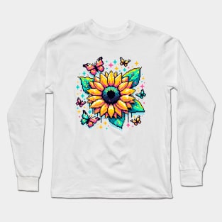 Digital Sunflower Art - Pixelated Nature and Butterfly Design Long Sleeve T-Shirt